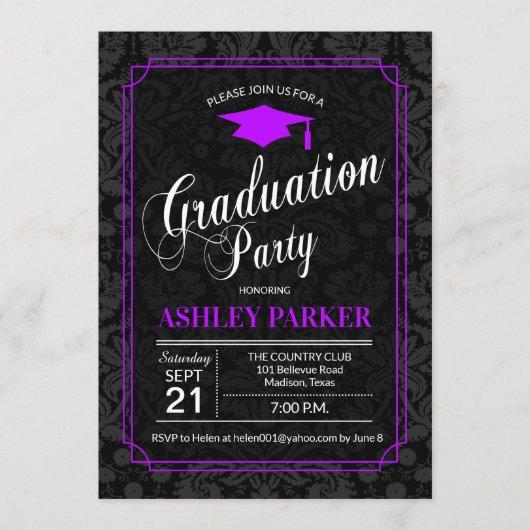 Graduation Party - Purple Black White Damask Invitation