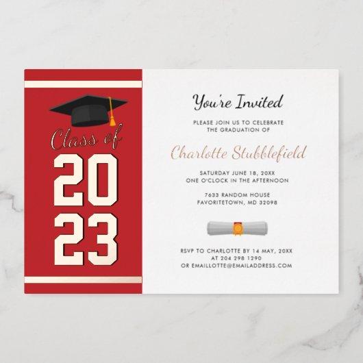 Graduation Party Red Script Grad 2023 Rose Gold Foil Invitation