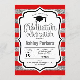 Graduation Party - Red Silver Stripes Invitation