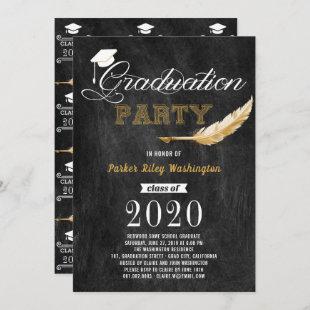 Graduation Party Retro Chalkboard Black white gold Invitation