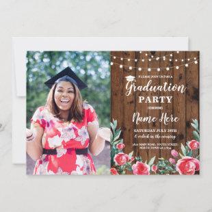 Graduation Party Roses Red Floral Wood Grad Photo Invitation