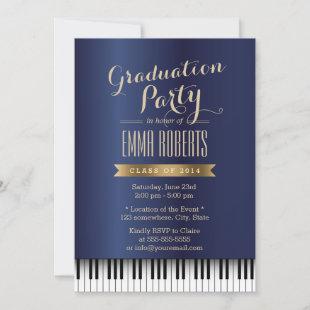 Graduation Party Royal Blue Piano Keys Music Major Invitation