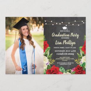 Graduation Party Rustic Red Roses Chalk Photo Invitation