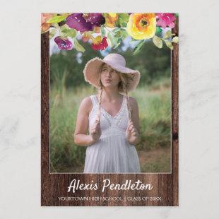 Graduation Party Rustic Wood Colorful Floral Photo Invitation