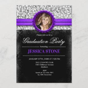 Graduation Party - Silver Black Purple - Photo Invitation