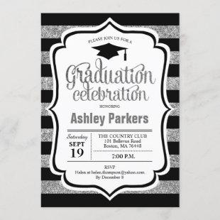 Graduation Party - Silver Black Stripes Invitation