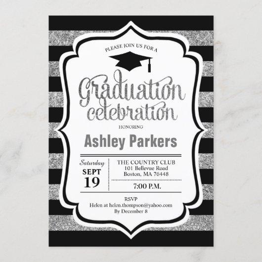 Graduation Party - Silver Black Stripes Invitation