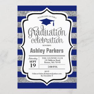 Graduation Party - Silver Navy Blue Stripes Invitation