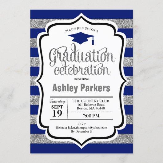 Graduation Party - Silver Navy Blue Stripes Invitation