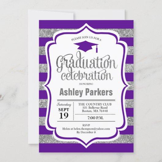 Graduation Party - Silver Purple Stripes Invitation