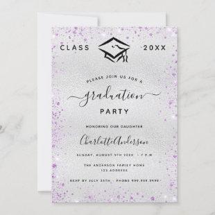 Graduation party silver violet glitter invitation