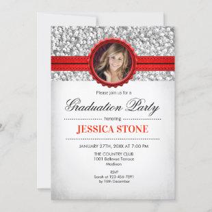 Graduation Party - Silver White Red Photo Invitation