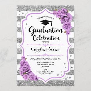 Graduation Party - Silver White Stripes Purple Invitation