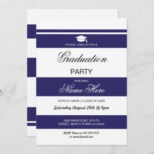 Graduation Party Stripe Navy White Invite Graduate