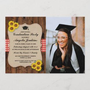 Graduation Party Sunflower Wood Burlap Photo Invitation