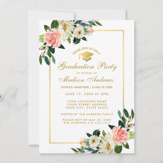 Graduation Party Tropical Pink Floral Gold Invite