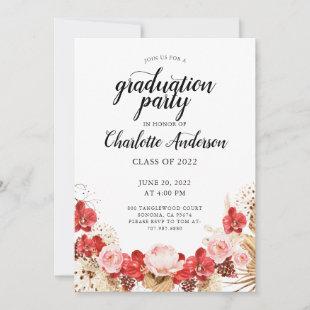 Graduation Party Watercolor Blush Pink Red Floral  Invitation