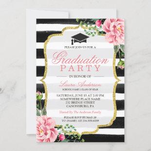 Graduation Party Watercolor Floral Gold Glitter Invitation