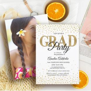 Graduation Party White Black Gold Glitter Photo Invitation