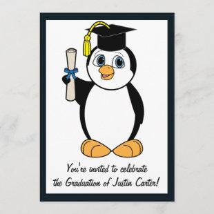 Graduation Party with Penguin Blue Ribbon Invite