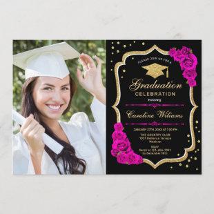 Graduation Party With Photo - Black Gold Hot Pink Invitation