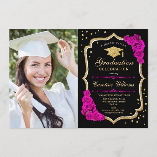 Graduation Party With Photo - Black Gold Hot Pink Invitation