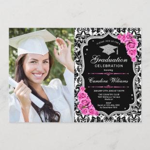 Graduation Party With Photo - Black Pink Silver Invitation