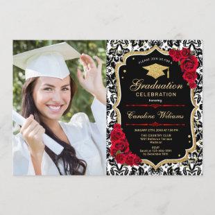 Graduation Party With Photo - Black Red Gold Invitation