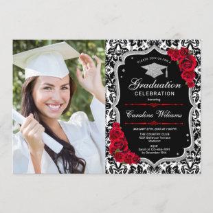 Graduation Party With Photo - Black Red Silver Invitation