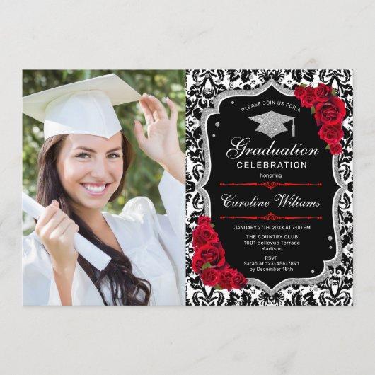 Graduation Party With Photo - Black Red Silver Invitation