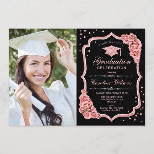 Graduation Party With Photo - Black Rose Gold Invitation