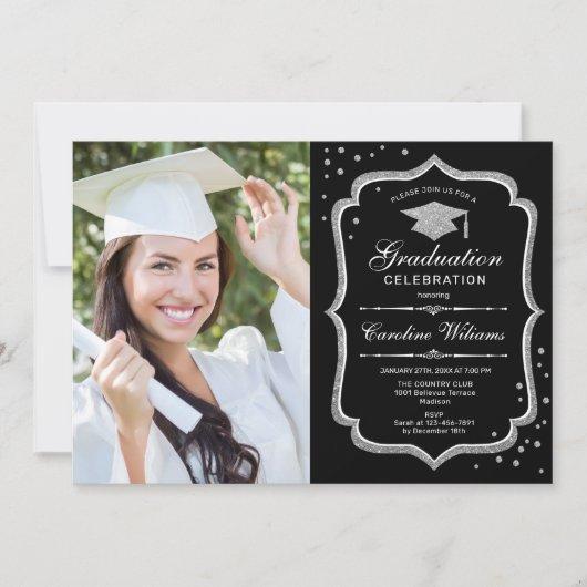 Graduation Party With Photo - Black Silver Invitation