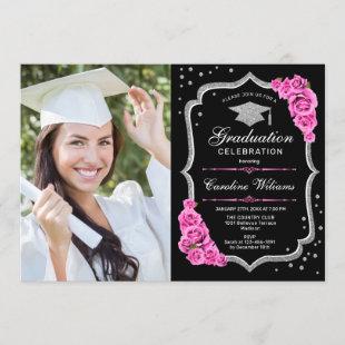 Graduation Party With Photo - Black Silver Pink Invitation