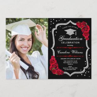 Graduation Party With Photo - Black Silver Red Invitation