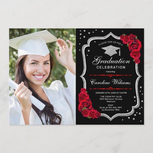 Graduation Party With Photo - Black Silver Red Invitation