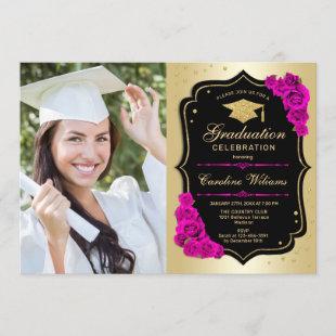 Graduation Party With Photo - Gold Black Hot Pink Invitation