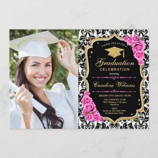 Graduation Party With Photo - Gold Black Pink Invitation