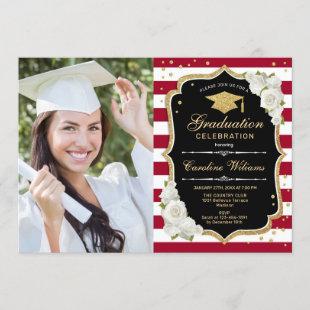 Graduation Party With Photo - Gold Black Red Invitation