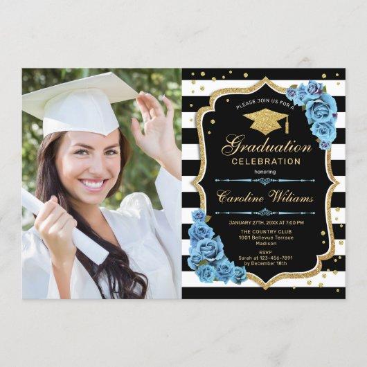 Graduation Party With Photo - Gold Blue Flowers Invitation
