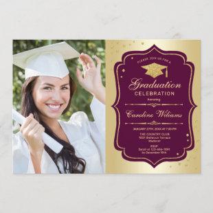 Graduation Party With Photo - Gold Burgundy Invitation