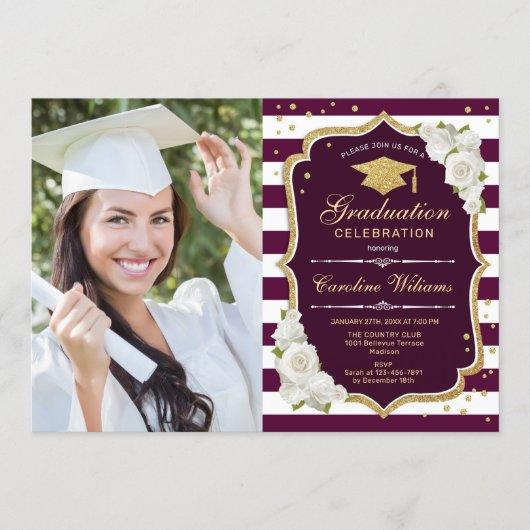 Graduation Party With Photo - Gold Burgundy Invitation