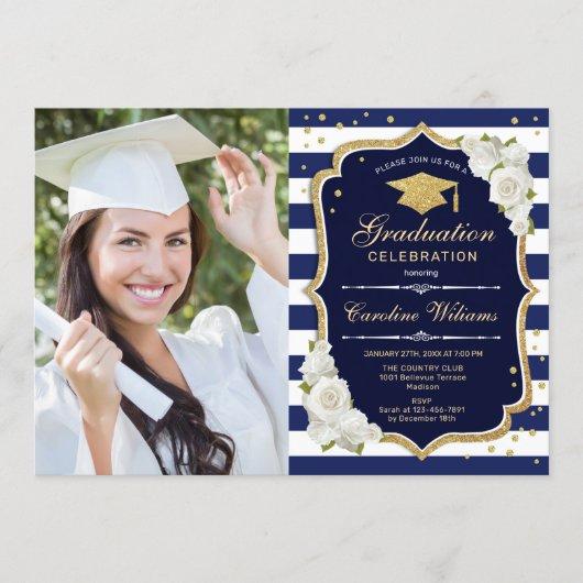 Graduation Party With Photo - Gold Navy White Invitation