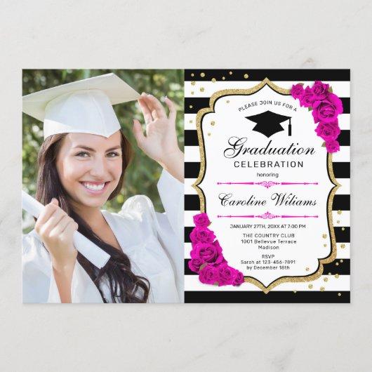 Graduation Party With Photo - Gold Pink White Invitation