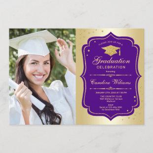 Graduation Party With Photo - Gold Purple Invitation
