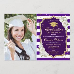 Graduation Party With Photo - Gold Purple White Invitation