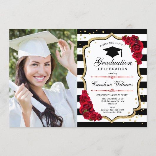 Graduation Party With Photo - Gold Red Black Invitation
