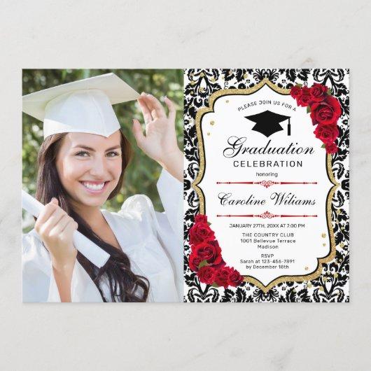 Graduation Party With Photo - Gold Red Black Invitation