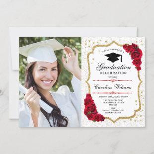 Graduation Party With Photo - Gold Red White Invitation