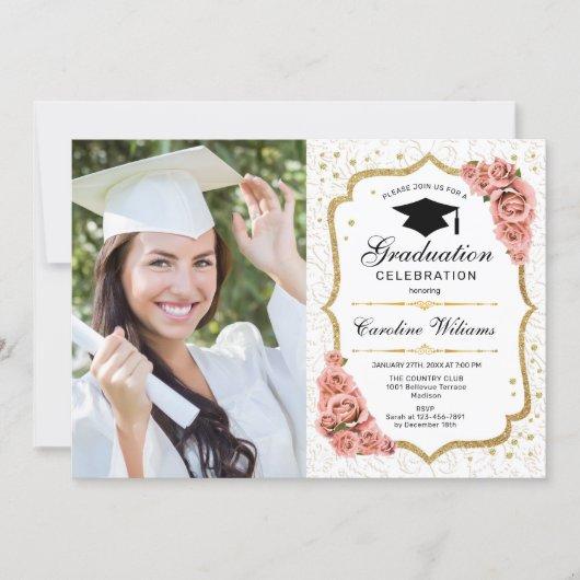 Graduation Party With Photo - Gold White Blush Invitation