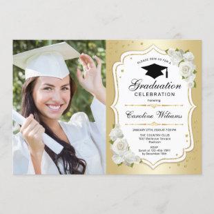 Graduation Party With Photo - Gold White Invitation